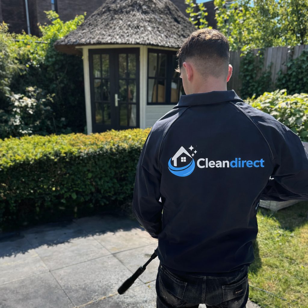 Een van de mannen van CleanDirect op de rug gezien, in een donkere werkjas met het logo, met de lans van een hogedrukreiniger in een tuin